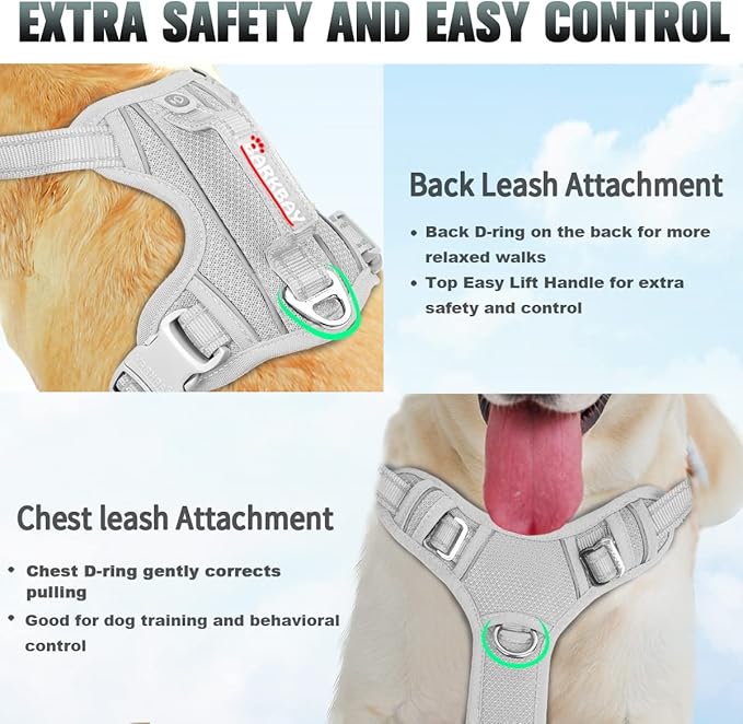 BARKBAY No Pull Dog Harness Large Step in Reflective Dog Harness with Front Clip and Easy Control Handle for Walking Training Running with ID tag Pocket(Grey
