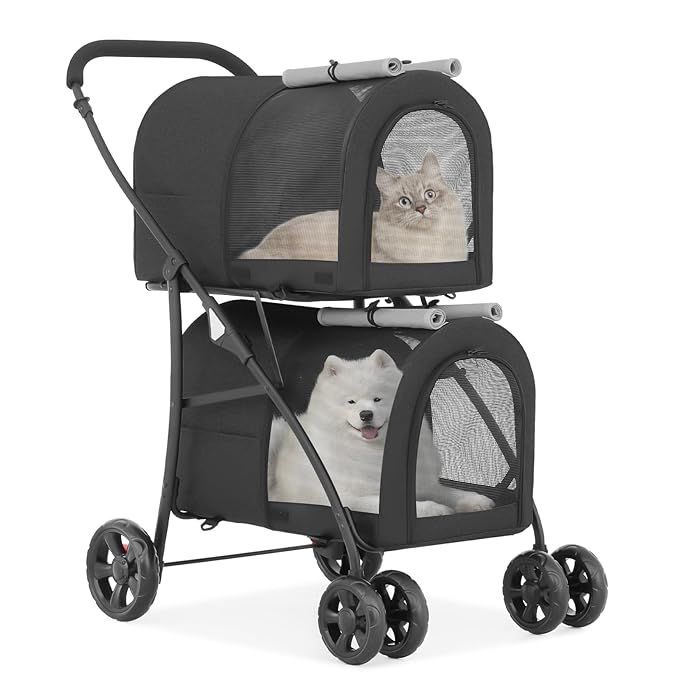 MoNiBloom Double Dog Stroller with Detachable Carrier Bags Large 4 Wheels Foldable Jogger for Small and Medium Dog Cats, Black/Gray