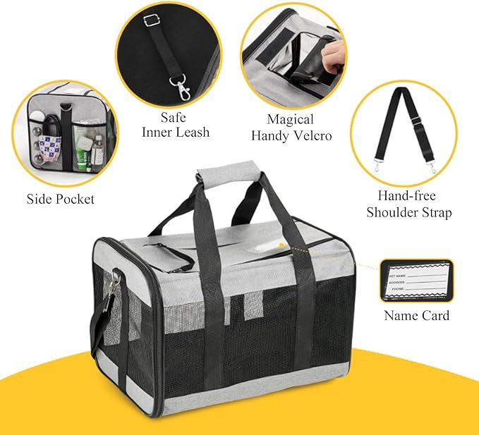 Soft Sided Airline Approved Cat Carrier, Lightweight Collapsible Dog Travel Carrier Pet Transport for Small Medium Cats Dogs Puppies Kitten up to 17 Lbs with Inner Safety Leash