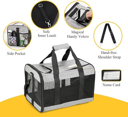 Soft Sided Airline Approved Cat Carrier, Lightweight Collapsible Dog Travel Carrier Pet Transport for Small Medium Cats Dogs Puppies Kitten up to 17 Lbs with Inner Safety Leash