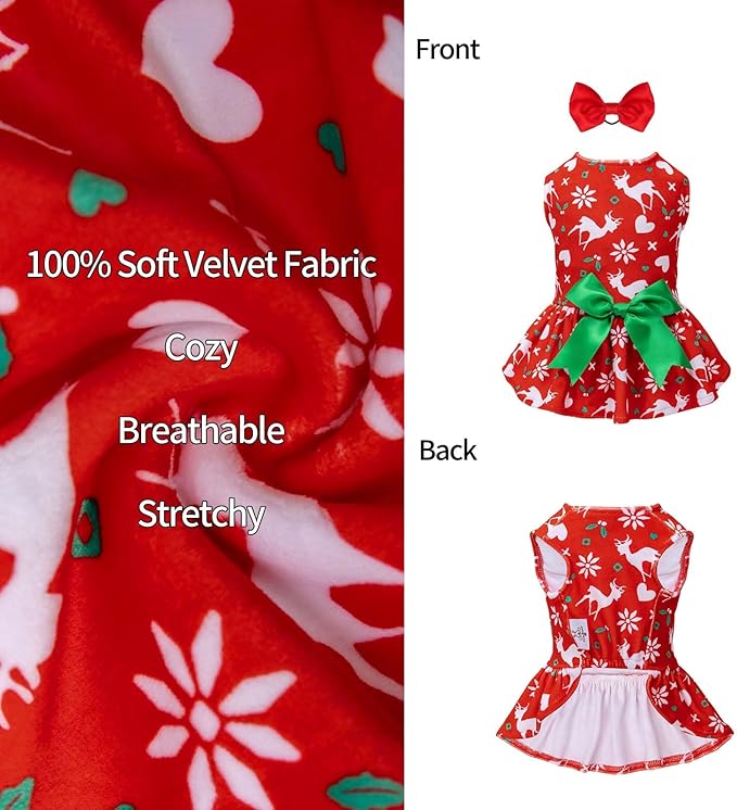 CuteBone Dog Dresses Velvet Holiday Small Dogs Clothes Onesie Pet Apparel Girl Puppy Skirt with Bow Hair Rope CVA31S