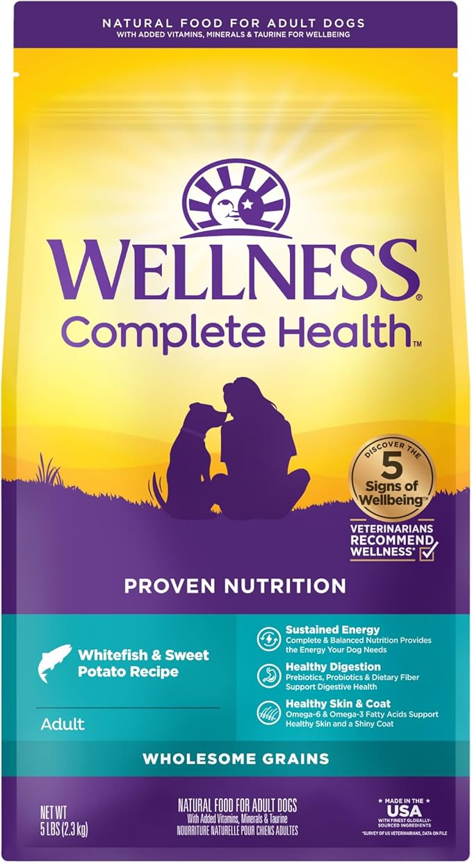 Wellness Complete Health Dry Dog Food with Grains, Natural Ingredients, Made in USA with Real Meat, All Breeds, For Adult Dogs (Whitefish & Sweet Potato, 5-Pound Bag)