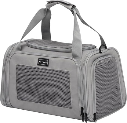 PETSFIT Cat Carrier, Pet Carrier Airline Approved, Soft Carrier for Small and Medium Cats Under 12 Lbs, Soft Cat Travel Carrier, Kitten Carrier with Extendable Mat, Grey