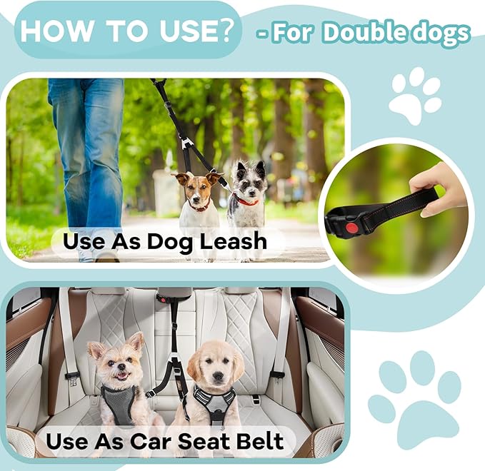 3-in-1 Multi-functional Dog seat belt - Dog Car Safety leash with Advanced Protection - Car Seat Belt for 1 or 2 Dogs - Keep Your Pups Safe & Secure on The Road