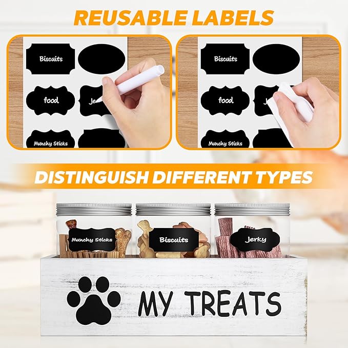 Dog Treat Container for Countertop - Dog Food Storage with 3 Jars - Pet Food Organizer For Puppy - Airtight White Wooden Dog Treat Storage With Lids - Great Gift for Pet Dog Owners