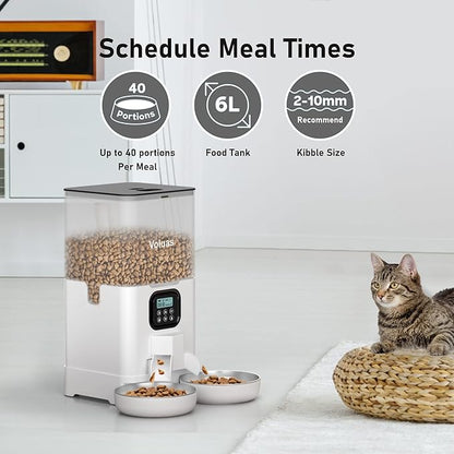 Voluas Automatic Cat Feeders for Two Cats, Double Pet Feeder with 2 Stainless Steel Bowls,6L Timed Cat Feeder with Memory Function, Pet Food Dish