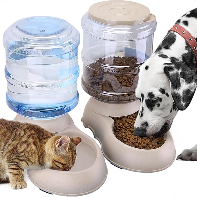 2 Pack Automatic Cat Feeder and Water Dispenser in Set Gravity Food Feeder and Waterer Pet Food Bowl for Small Medium Dog Pets Puppy Kitten Big Capacity 1 Gallon x 2