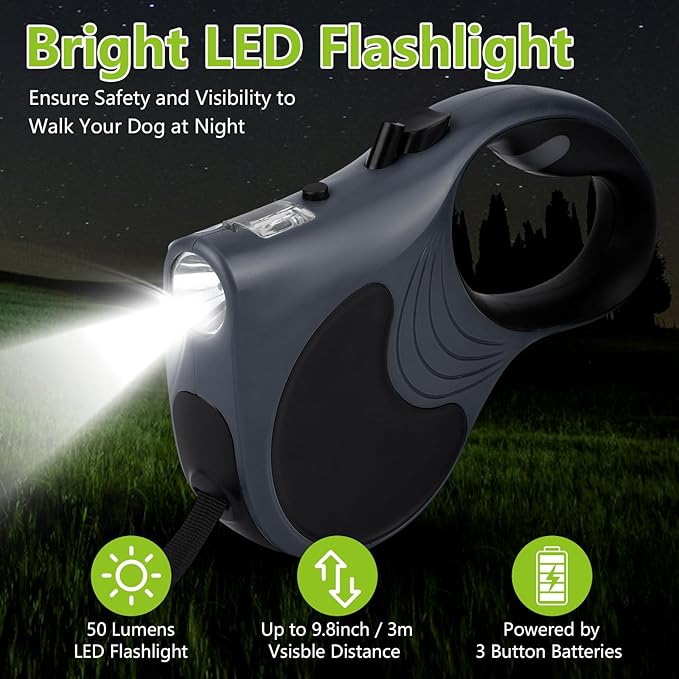 Retractable Dog Leash with Flashlight 16ft Walking Leash for Dogs up to 77lbs 360° Tangle-Free