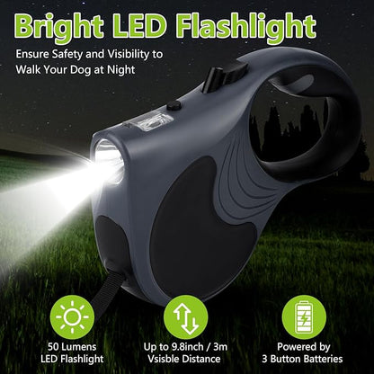 Retractable Dog Leash with Flashlight 16ft Walking Leash for Dogs up to 77lbs 360° Tangle-Free