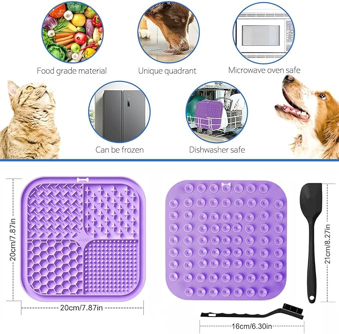 2 PCS Licking Mat for Dogs & Cats with Suction Cups, Dog Slow Feeder Lick Pat for Anxiety Relief, Dog Toys Feeding Mat for Butter Yogurt Peanut, Pets Bathing Grooming Training Mat (Cyan&Purple)