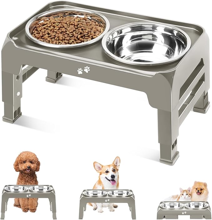 Elevated Dog Bowls for Small Dogs 3 Height Adjustable Raised Dog Bowl Stand with 25oz Stainless Steel Dog Food Bowls Anti-Slip Small Dog Feeder Adjusts to 7.5", 6", 2.75", Light Brownish Gray