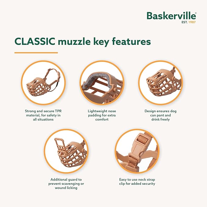 Baskerville Classic Basket Muzzle - Dog can Pant and Drink, Prevents Biting and Food Waste Scavenging, Strong TPR, Ideal for Longer Nosed Dogs, Breathable Dog Training Muzzle for Medium Dogs (Size 5)