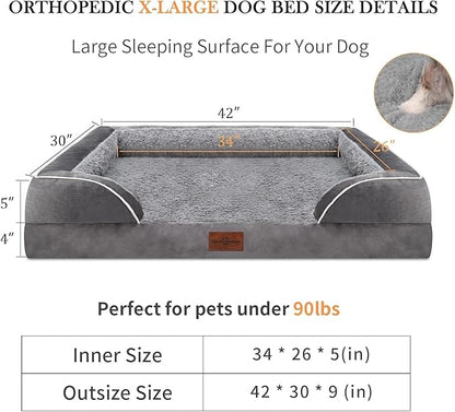 Waterproof Orthopedic Foam Dog Beds for Extra Large Dogs, XL Dog Bed with Bolster, Washable Dog Bed Sofa Pet Bed with Removable Cover & Non-Slip Bottom(X-Large,Grey)