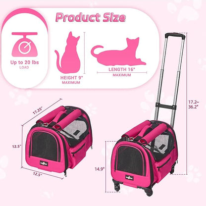 Cat Carrier with Wheels, Foldable Airline Approved Dog Cat Carrier with Wheels for Cat Dog Under 20 lbs, Rolling Cat Carrier Travel Bag with Telescopic Handle for Walking Travel Vet Visits