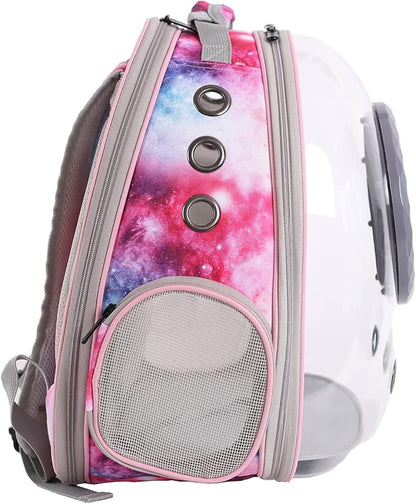 Cat Bubble Backpack Carrier, Galaxy Theme Space Capsule Astronaut Bubble Backpack for Kitten Bunny Airline Approved Travel Hiking Camping Cat Book Bag (Galaxy Pink, Bubble Window)