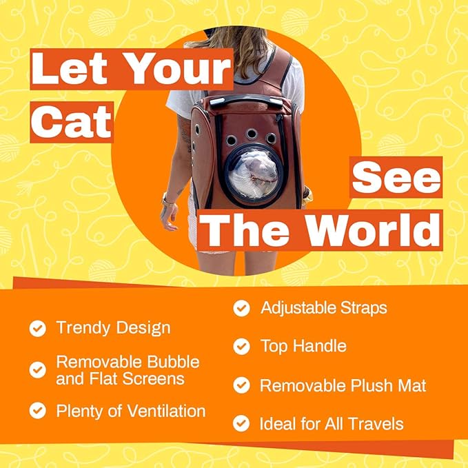 Your Cat Backpack Carrier Bag - Airline Approved Cat Carrier with Space Capsule Bubble for Small Cats, Kitten - Brown Premium Cat Carrier Backpack for Outdoor, Travel, Hiking, Pet Supplies