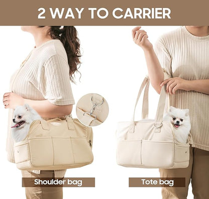 Pet Carrier, Dog Carrier, Soft Soft Sided Folding Cats Carrier for Small Medium Cats Puppies up to 18 Lbs, Washable Breathable Puppy Carrie Carrier for Outdoor Travel(Large Beige)