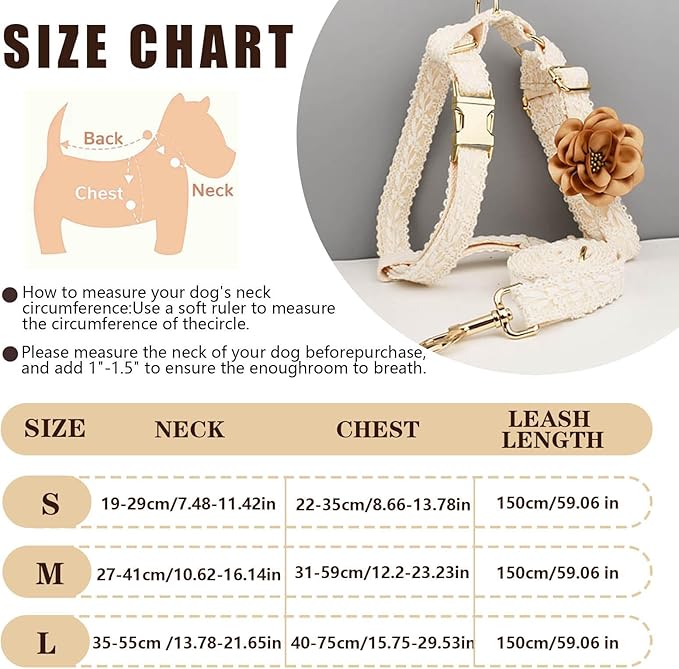 Female Dog Harness Leash Set for Large Dogs Cute Girl Dog Harness Soft Leather No Pull Dog Harness with Comfortable Padded Handle for Dog Wedding Birthday Outfit Easy Walking (White,L)