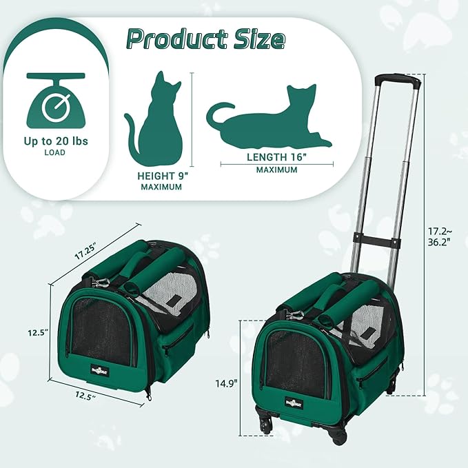 Cat Carrier with Wheels, Foldable Airline Approved Dog Cat Carrier with Wheels for Cat Dog Under 20 lbs, Rolling Cat Carrier Travel Bag with Telescopic Handle for Walking Travel Vet Visits