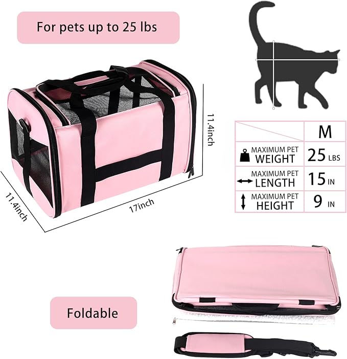 Cat Carrying Case - Pet Carrier Airline Approved, Protable and Breathable Pet Travel Carrier Removable Fleece Pad, Collapsible Cat Carrier Dog Carrier for Medium Cats Small Cats Dogs (Medium, Pink)