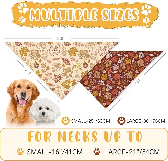 Fall Dog Bandana 2 Pack Thanksgiving Dog Bandana Leaf Pet Scarf Reversible Fall Triangle Bibs Soft Cotton Boy Girl Dog Bandanas for Small, Medium, Large Dogs (Small)