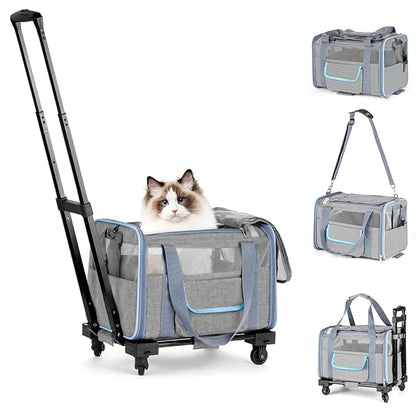 Pet Carrier for Small Dog Cat, Airline Approved Dog Carrier with Wheels Soft Sided Dog Rolling Crate Cat Travel Bag up to 20 Lbs Pet Strollers for Small Pets