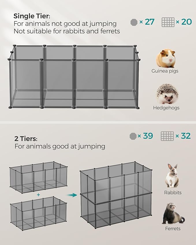 SONGMICS 20 Panels Pet Playpen with Floor, Small Animal Playpen, Pet Fence Indoor, DIY Plastic Enclosure for Guinea Pigs, Bunny, Hamsters, Hedgehogs, 49.2 x 24.8 x 16.5 Inches, Gray ULPC001G01