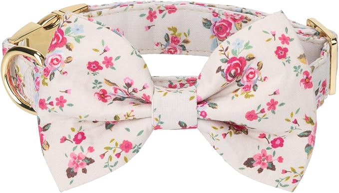 Adjustable Pet Bow Tie and Dog Collar for Small Medium Large Dogs, Puppy Collar with Bowtie, Cute Bow and Dog Collars - Comfortable, Soft, and Durable (Large, Rose Print)