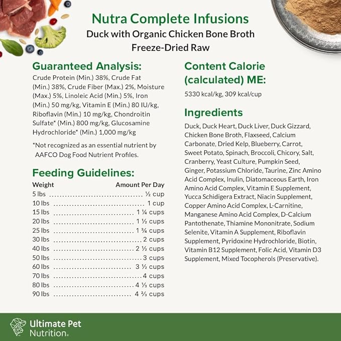 ULTIMATE PET NUTRITION Nutra Complete Bone Broth Infusions, 100% Freeze Dried Veterinarian Formulated Raw Dog Food with Antioxidants Prebiotics and Amino Acids, (1 Pound, Bone Broth Duck)