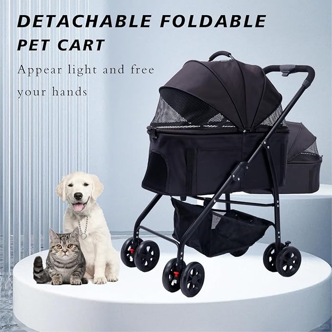 Dog Cat Pet Gear Stroller 3-in-1 Folding Lightweight for Small Medium Dog Cat with Detachable Carrier 4 Wheels
