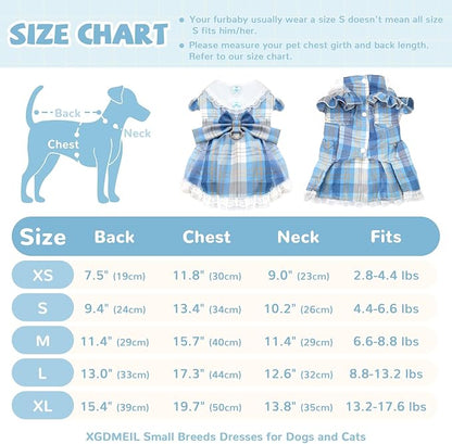 Plaid Dog Dress for Small Dogs Cats Bowknot Girl Dog Clothes with D-Ring Cute Princess Pet Puppy Dresses Spring Summer Pet Outfits for Chihuahua Yorkies Shih Tzu（Blue