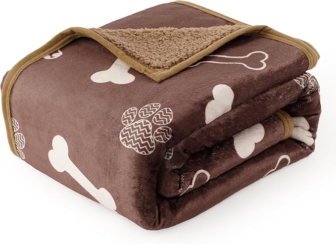 Waterproof Dog Blankets Pet Blanket 50"x60", Soft Fluffy Sofa Car Bed Protector, Reversible Sherpa Fleece Dog Blanket for Large Dogs (Chocolate Brown-Bones)