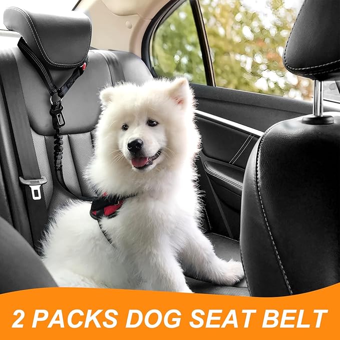 2 Packs Dog Seat Belt for Car, Upgrade 3-in-1 Dog Seatbelt with Adjustable Metal Buckle, Safety Headrest Restraint Dog Car Harness with Elastic Bungee for Small Medium Large Dogs Pet