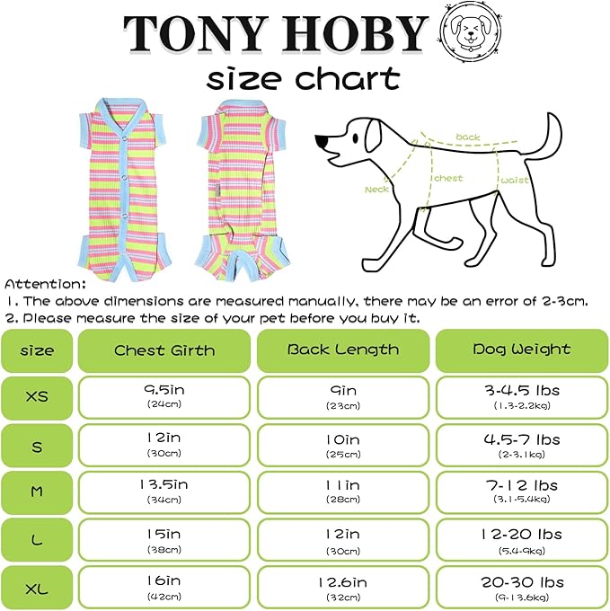 TONY HOBY Dog Pajamas, 4 Legged Dog Pajamas with Blue Stripe, Female Dog Jumpsuit Pajamas for Small Medium Size Dog (Green&Blue, Girl, L)