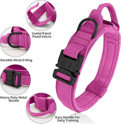 Tactical Dog Collar Heavy Duty Metal Buckle with Handle for Dog Training (Pink