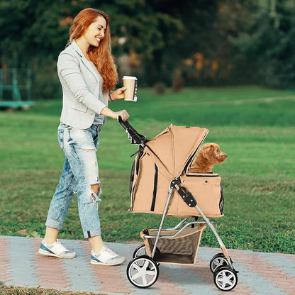 Pet Stroller for Small Dogs and CatsQuick-Folding Portable Travel Cat Dog Stroller with Storage Basket and Cup Holder 4 Wheels,