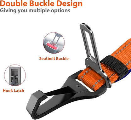 IOKHEIRA Dog Seatbelt, Orange Dog Seat Belt, Adjustable Dog Seatbelt Harness, Reflective Bungee Dog Car Seatbelt with Hook& Buckle, Dog Car Seat Belt with Aviation Aluminum Alloy Swivel Carabiner