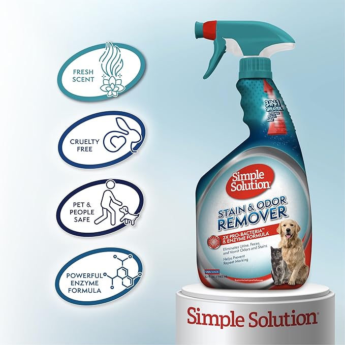 Simple Solution Stain and Odor Eliminator Spray for Dogs & Cats, Enzyme Cleaner With 2X Pro-Bacteria Cleaning Power, Strong Smell Remover for Carpets, Upholstery & Floors, 32 oz