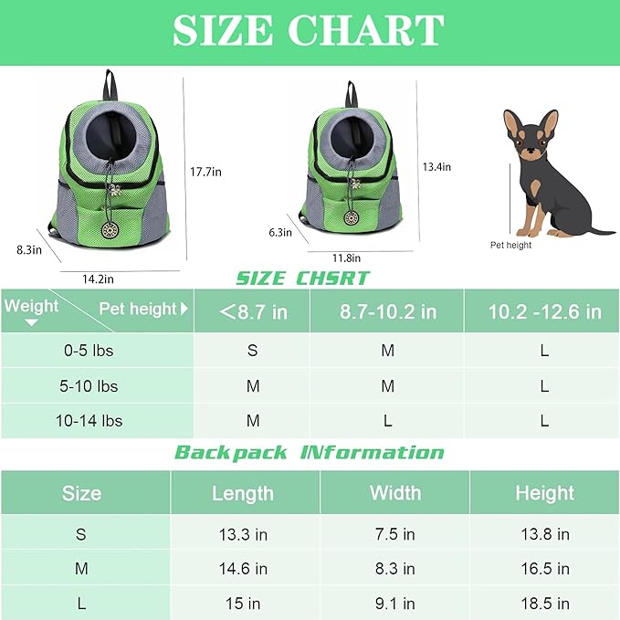 Pet Dog Carrier Backpack,Pet Carrier Front Backpack with Pockets for Hiking Camping, Head Out Breathable Travel Bag for Small Medium Dogs,Cats,Puppies(Medium, Green)