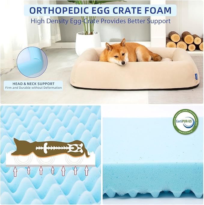 pettycare Orthopedic Dog Bed for Large Dogs Waterproof Pet Bed Soft Sofa with Two Fabrics Washable Removable Cover Egg Foam Support Anti-Slip Bottom Extra Head and Neck Support Sleeper
