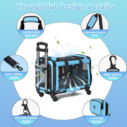 Airline Approved Pet Carrier with Wheels, Foldable Rolling Cat Dog Carrier with Wheels Telescopic Handle for Outdoor Vet Visits, Cat Carrier Travel Bag for Cat Dog Under 20 lbs, Blue