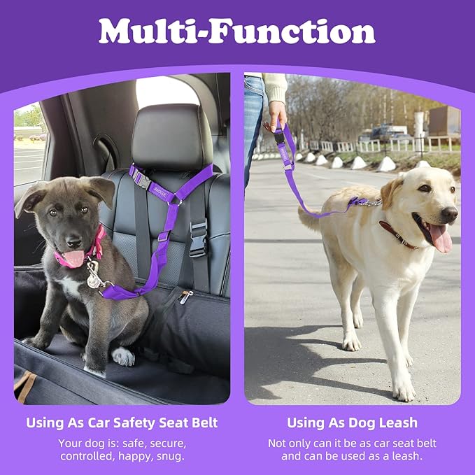 BWOGUE 2 Packs Dog Cat Safety Seat Belt Strap Car Headrest Restraint Adjustable Nylon Fabric Dog Restraints Vehicle Seatbelts Harness Purple