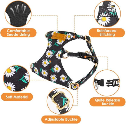 SlowTon No Pull Dog Harness with Leash - Soft Lightweight Floral Pattern Puppy Harness, Adjustable Pet Harness for Small Medium Dogs (Black Daisy M)