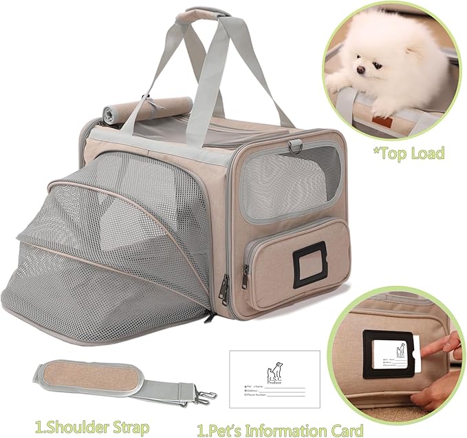 HSC PET Small Dog Bag Cat Carrier,Khaki,Soft Puppy Bunny Sturdy Transport Totes,1Side Expandable Style Soft-Sided Travel Handbag for Large Cats,Airline Approved, MAX 18lb((Khaki,1Side Expandable)