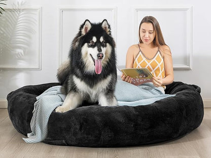 WhatsBedding Large Human Dog Bed 72"x48"x10" Human Size Dog Bed for People Adults,Soft Fur Oval Nap Beanbag Bed for Adults and Pets with Soft Fur Cover, Black