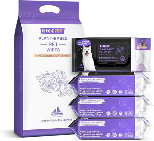 HICC PET Cleaning Deodorizing Wipes for Dogs & Cats, Plant-Based Gentle Cat & Dog Wipes for Paws and Butt, Fresh Rose Scent Dog & Cat Wipes Cleaning Fur, 400 Counts