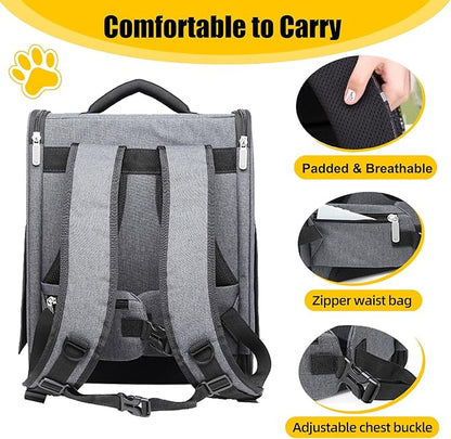 Cat Backpack with Inbuilt Fan, Large Breathable Cat Backpack Dog Carrier, Pet Backpack Carrier for Small Dogs, Foldable Cat Travel Backpack, Portable Cat Carrying Backpack for Hiking Walking, Grey