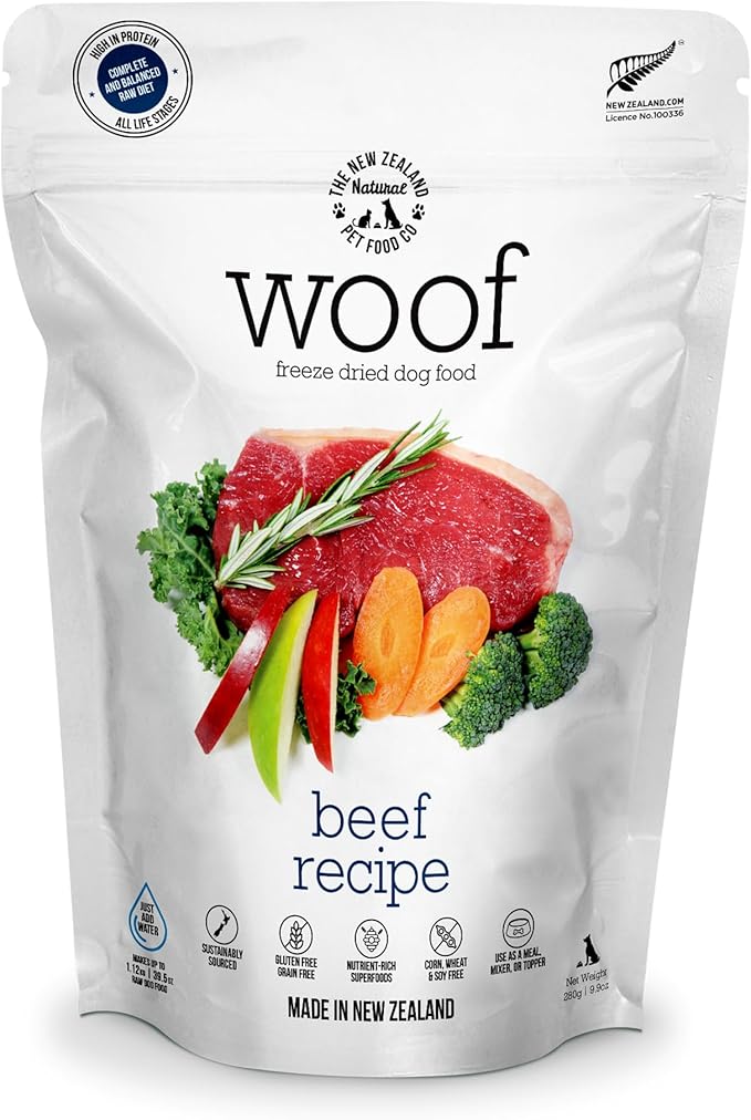 WOOF Freeze Dried Dog Food - Beef Recipe, High Protein, Use as a Complete Diet, Dog Food Topper, Mixer, or as Dog Treats, All Life Stages, 9.9 oz