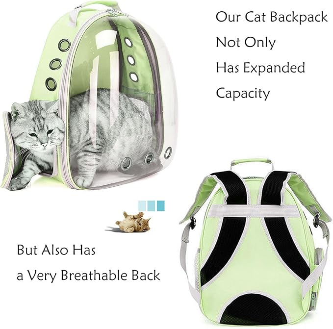 Cat Backpack Carrier Expandable Ventilate Transparent Pet Dog Backpack for Large Cats Hiking, Travel, Outdoor, Airline-Approved Space Capsule Backpack (Green)