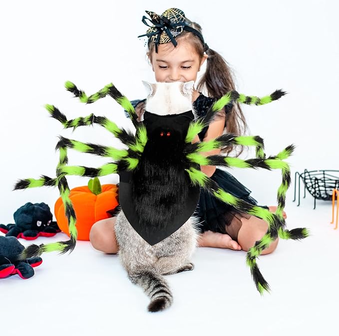 Dog Halloween Costumes, Furry Dog Spider Costume with 64 LED, Giant Spider Halloween Costume for Medium Large Dogs, Funny Dog Halloween Costumes for Cat Pet Halloween Party Cosplay (Green)